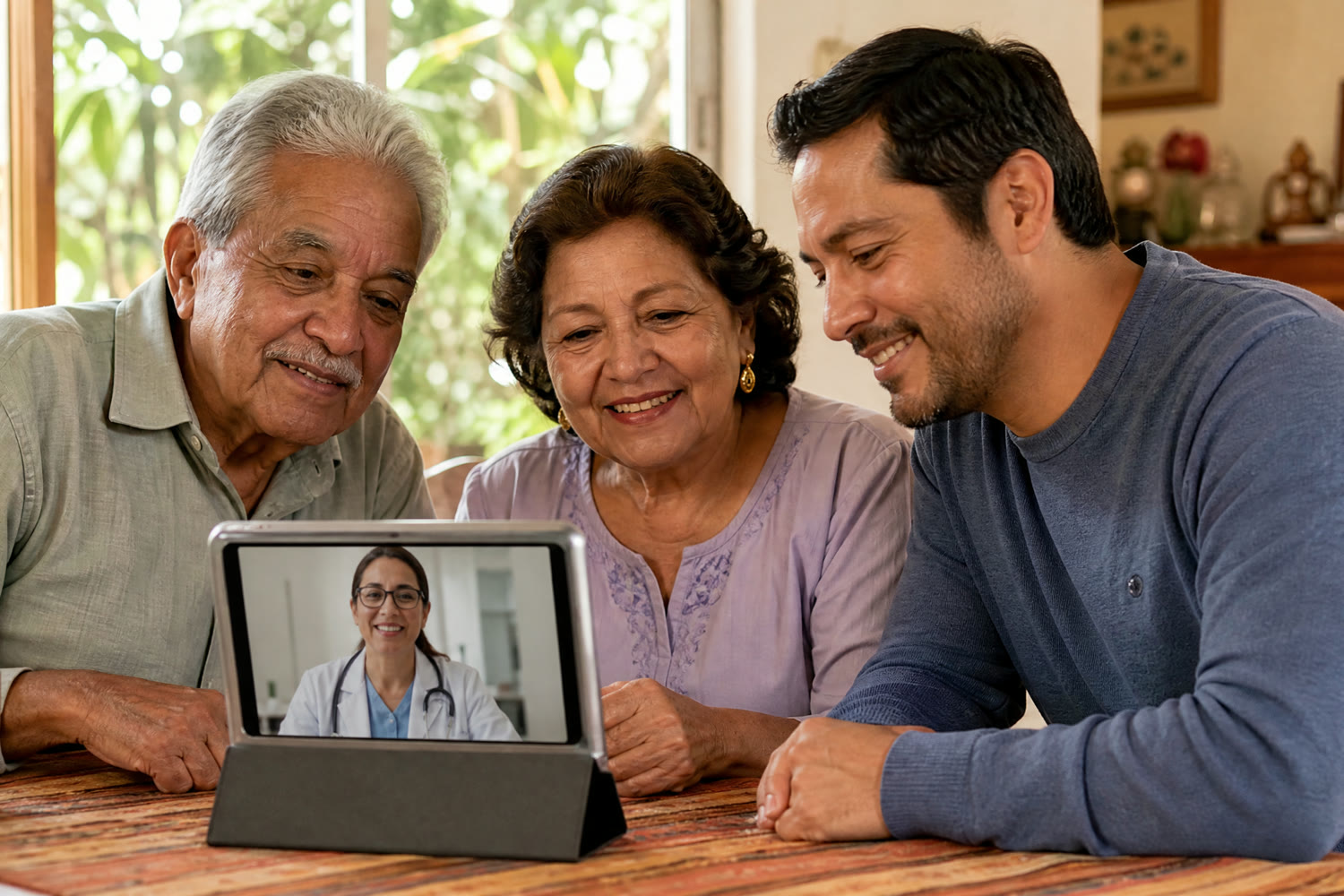 Two smiling older adults on a video visit from home with a caregiver, using a tablet in a bright room.